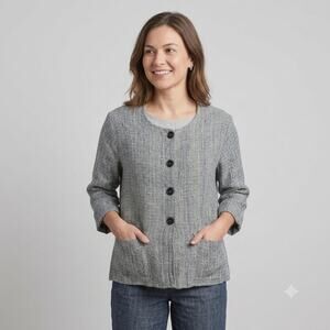 FLAX 100% Linen Petite Boxy Button Front‎ Jacket Cropped Grid Textured Gray Blue